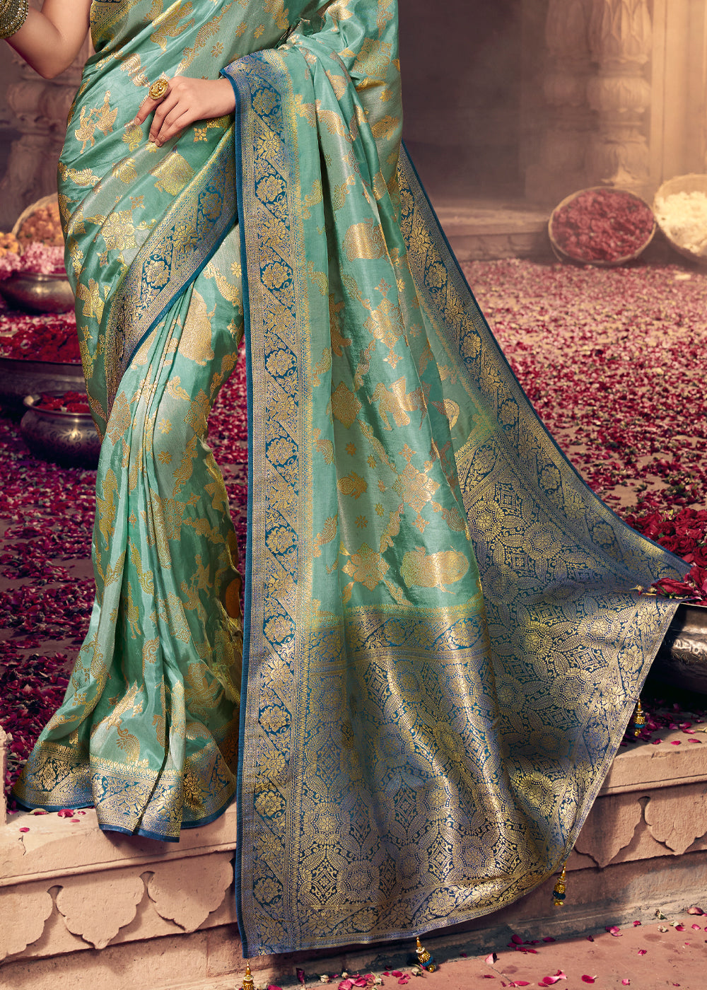 Buy MySilkLove Summer Green and Blue Zari Woven Designer Banarasi Saree Online