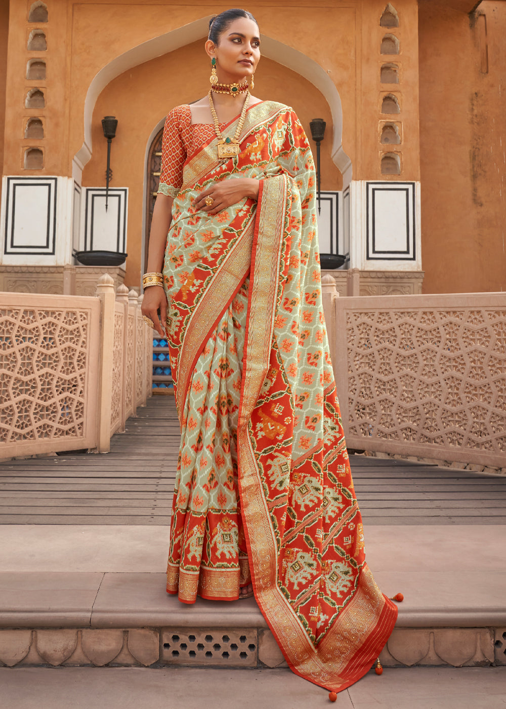 Buy MySilkLove Raffia Cream Printed Patola Silk Saree Online