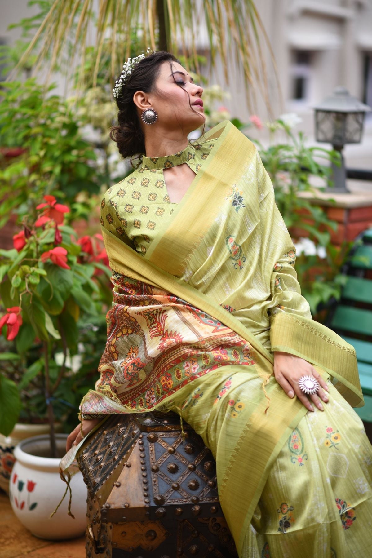 Buy MySilkLove Husk Green Printed South Silk Saree Online