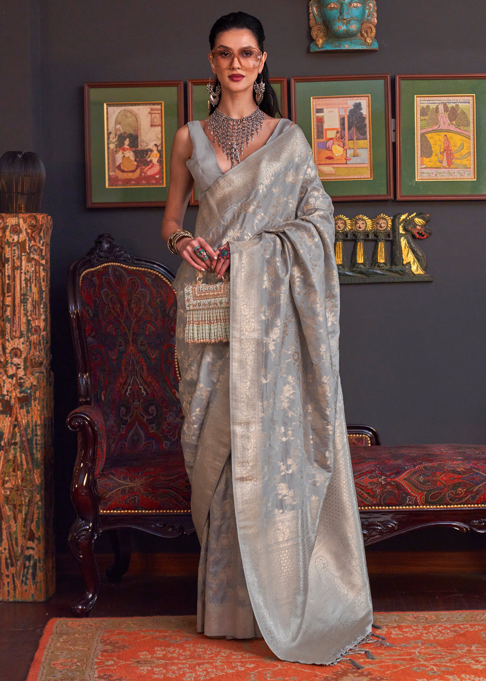 Buy MySilkLove Quick Silver Grey Banarasi Katan Silk Saree Online