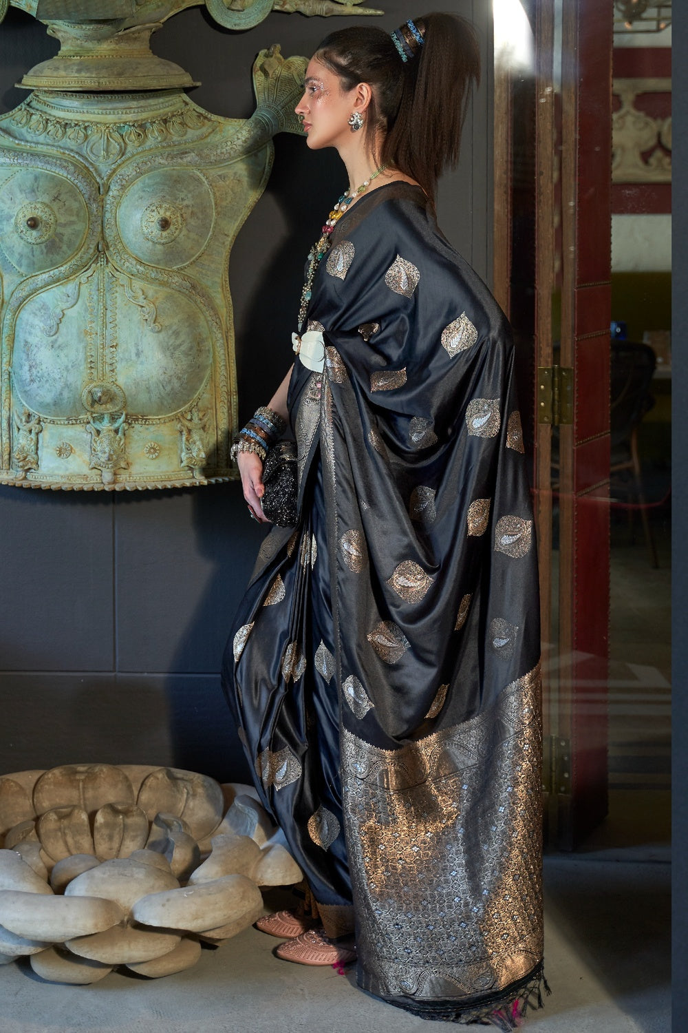 Buy MySilkLove Bunker Black Woven Banarasi Silk Saree Online