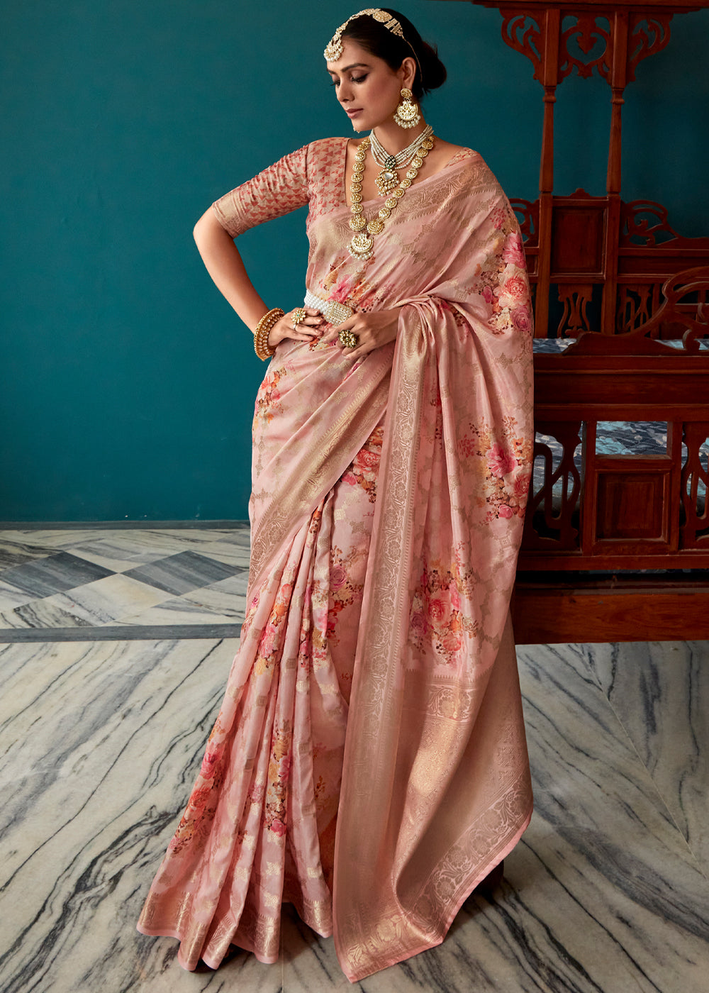 Buy MySilkLove My Pink Woven Banarasi Floral Printed Silk Saree Online
