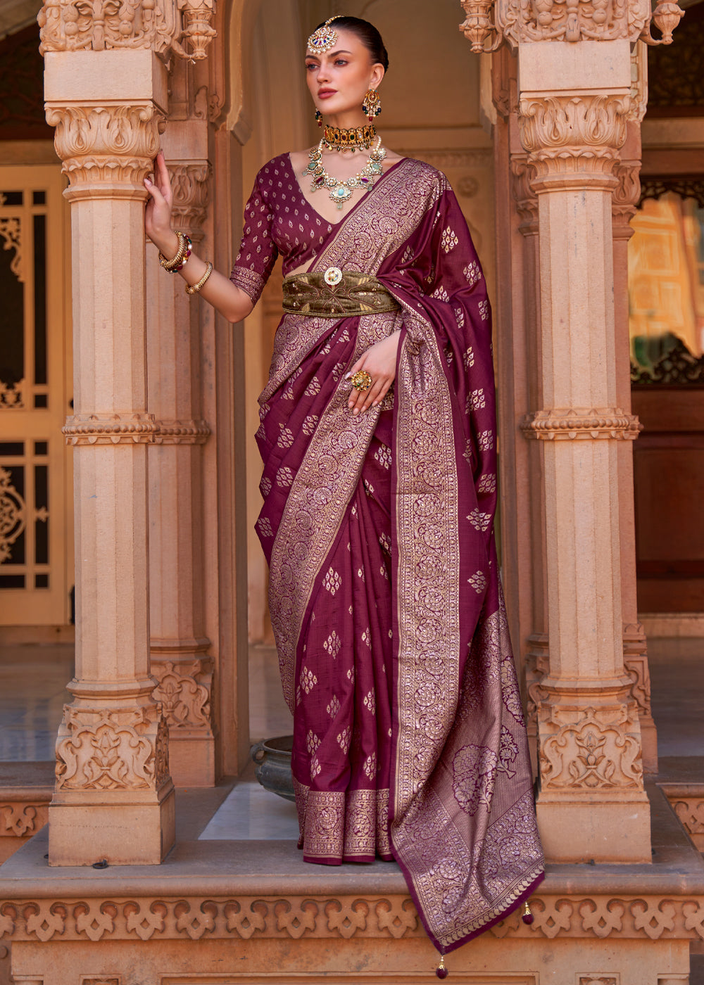 Buy MySilkLove Camelot Brown Woven Banarasi Soft Silk Saree Online