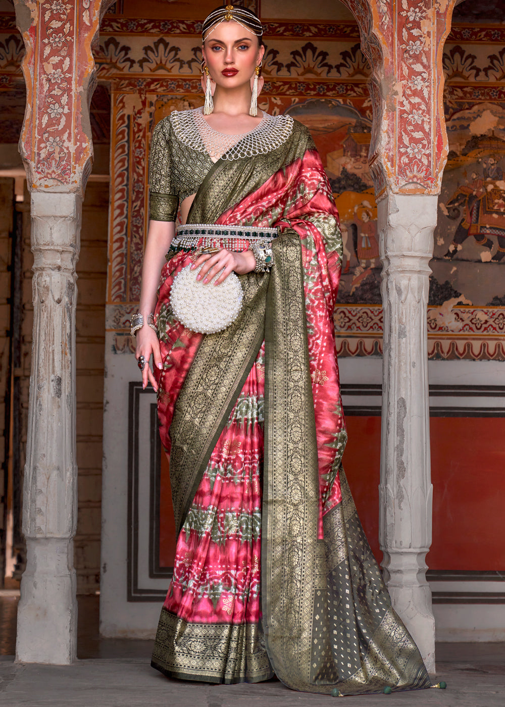 Buy MySilkLove Mandy Pink and Green Printed Patola Soft Silk Saree Online