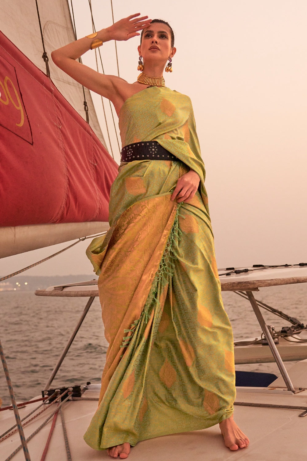 Buy MySilkLove Peridot Green Woven Satin Handloom Silk Saree Online