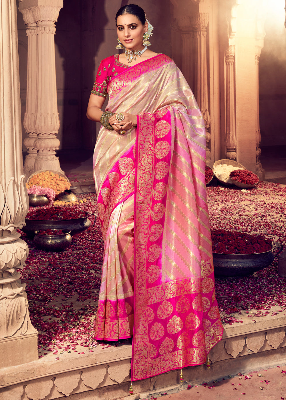 Buy MySilkLove Papaya Cream and Pink Zari Woven Designer Banarasi Saree Online
