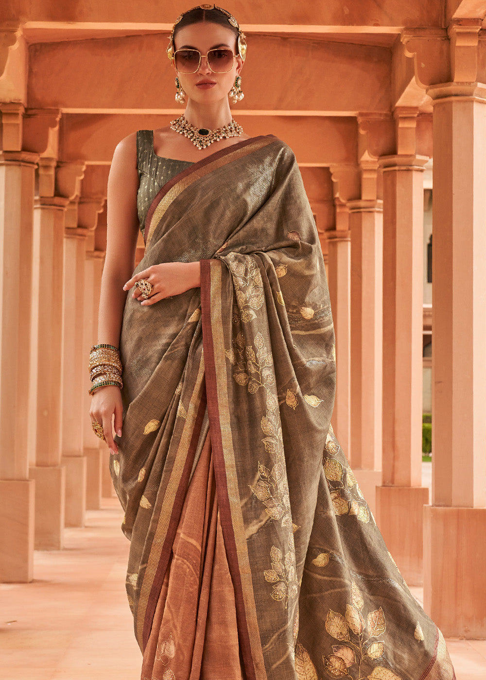 MySilkLove Leather Grey and Brown Printed Patola Soft Silk Saree