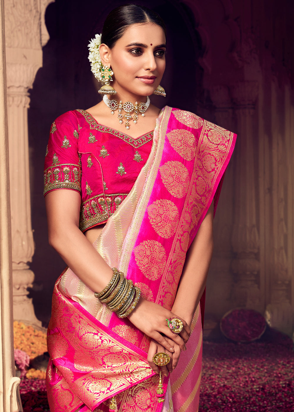MySilkLove Papaya Cream and Pink Zari Woven Designer Banarasi Saree