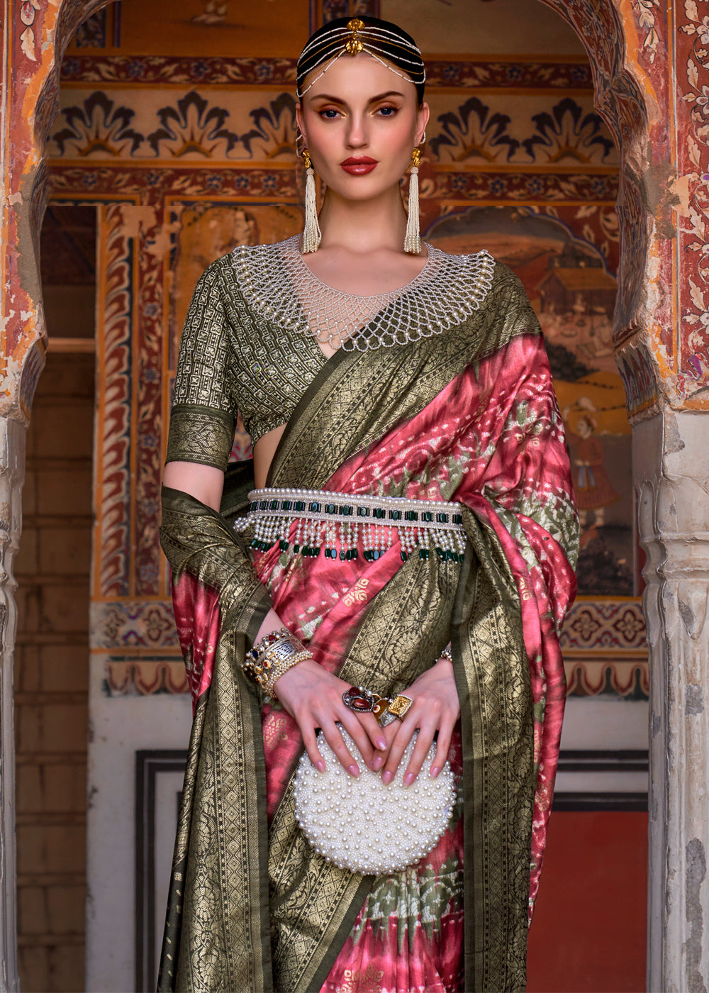 MySilkLove Mandy Pink and Green Printed Patola Soft Silk Saree