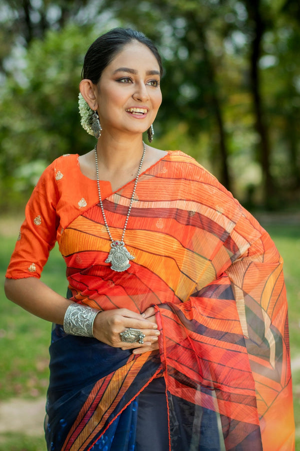 Multicolor Blue Floral Design Organza Printed Saree