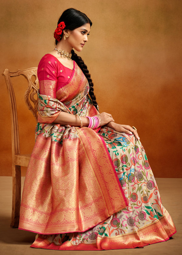Yuma Cream and Pink Woven Banarasi Kalamkari Silk Saree