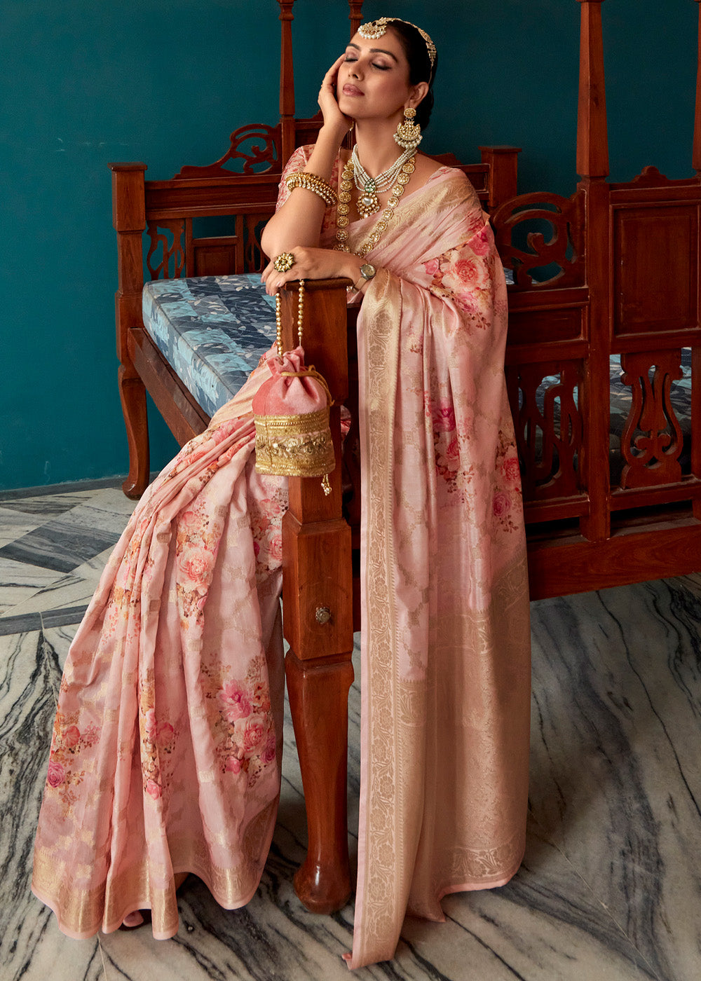 MySilkLove My Pink Woven Banarasi Floral Printed Silk Saree