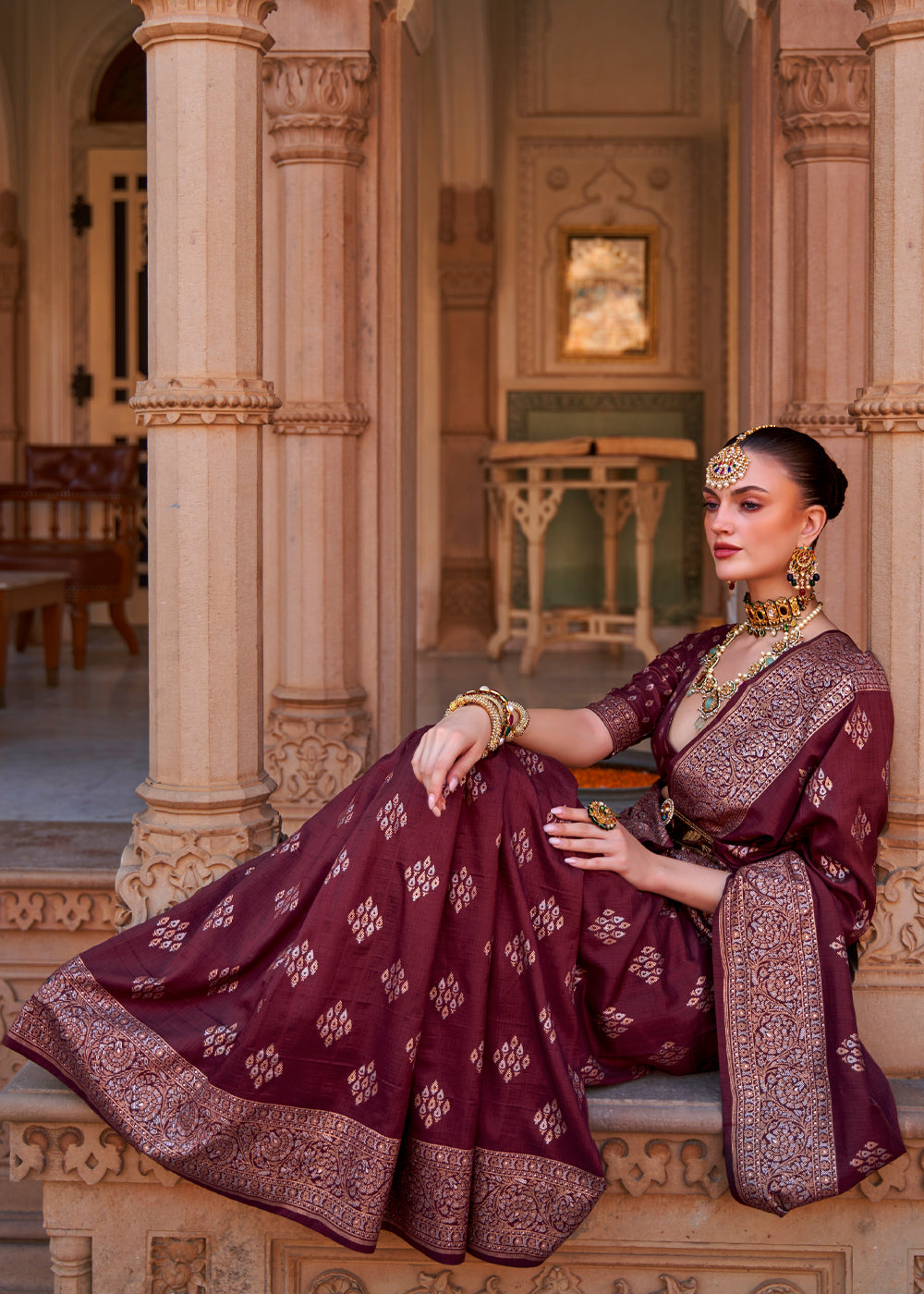 Buy MySilkLove Camelot Brown Woven Banarasi Soft Silk Saree Online