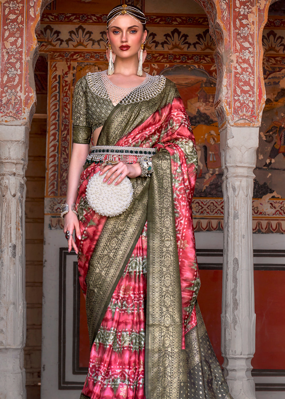 Buy MySilkLove Mandy Pink and Green Printed Patola Soft Silk Saree Online