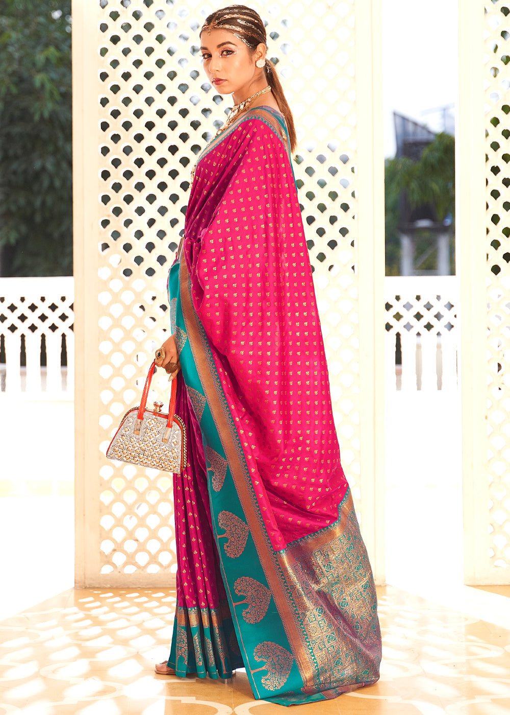 Buy MySilkLove Strawberry Pink and Blue Woven Banarasi Soft Silk Saree Online