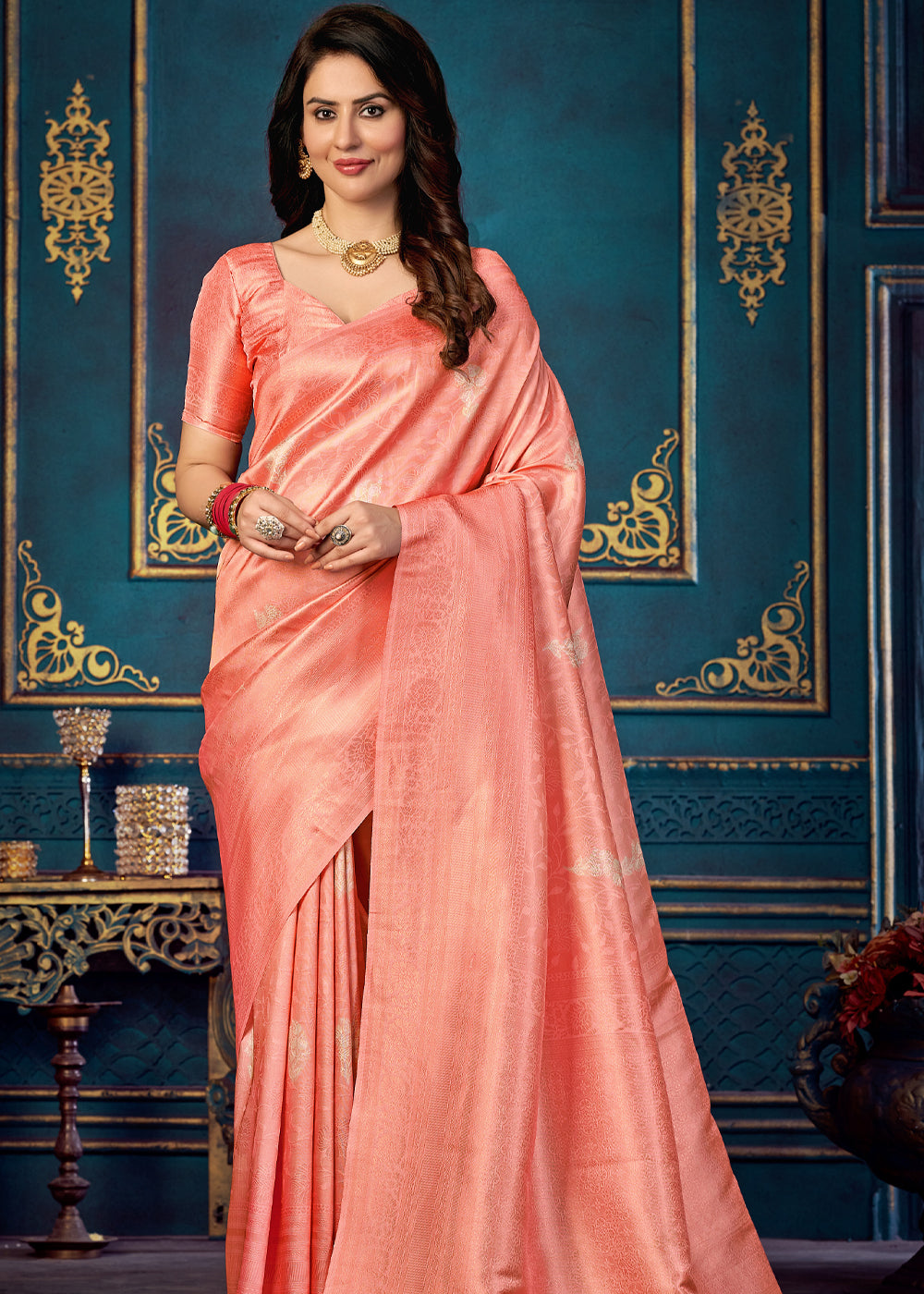 Buy MySilkLove Terracotta Peach Woven Banarasi Jacquard Silk Saree Online