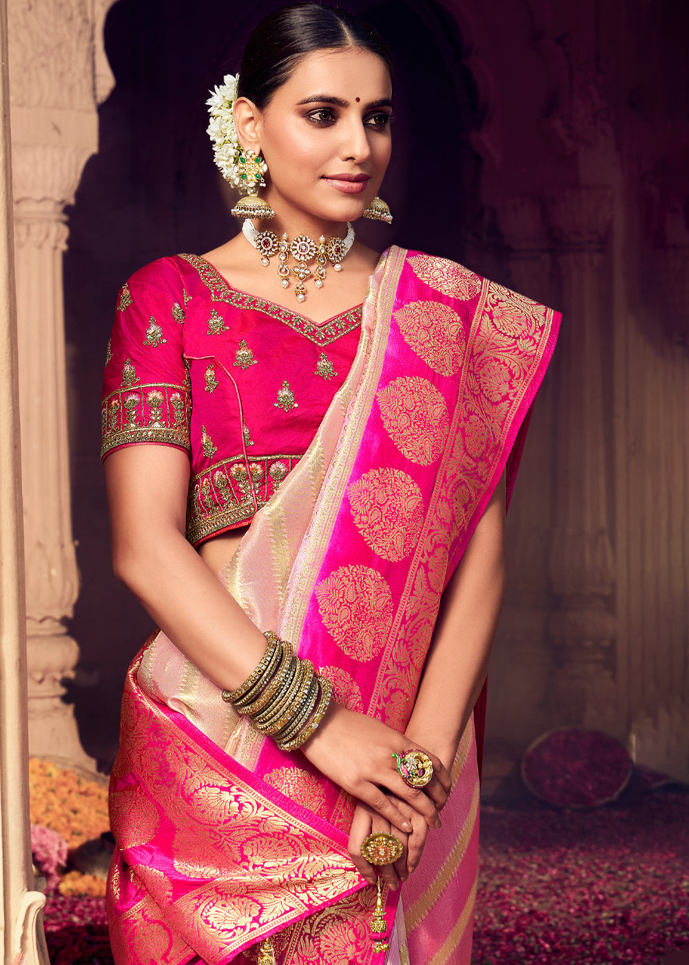 Buy MySilkLove Papaya Cream and Pink Zari Woven Designer Banarasi Saree Online