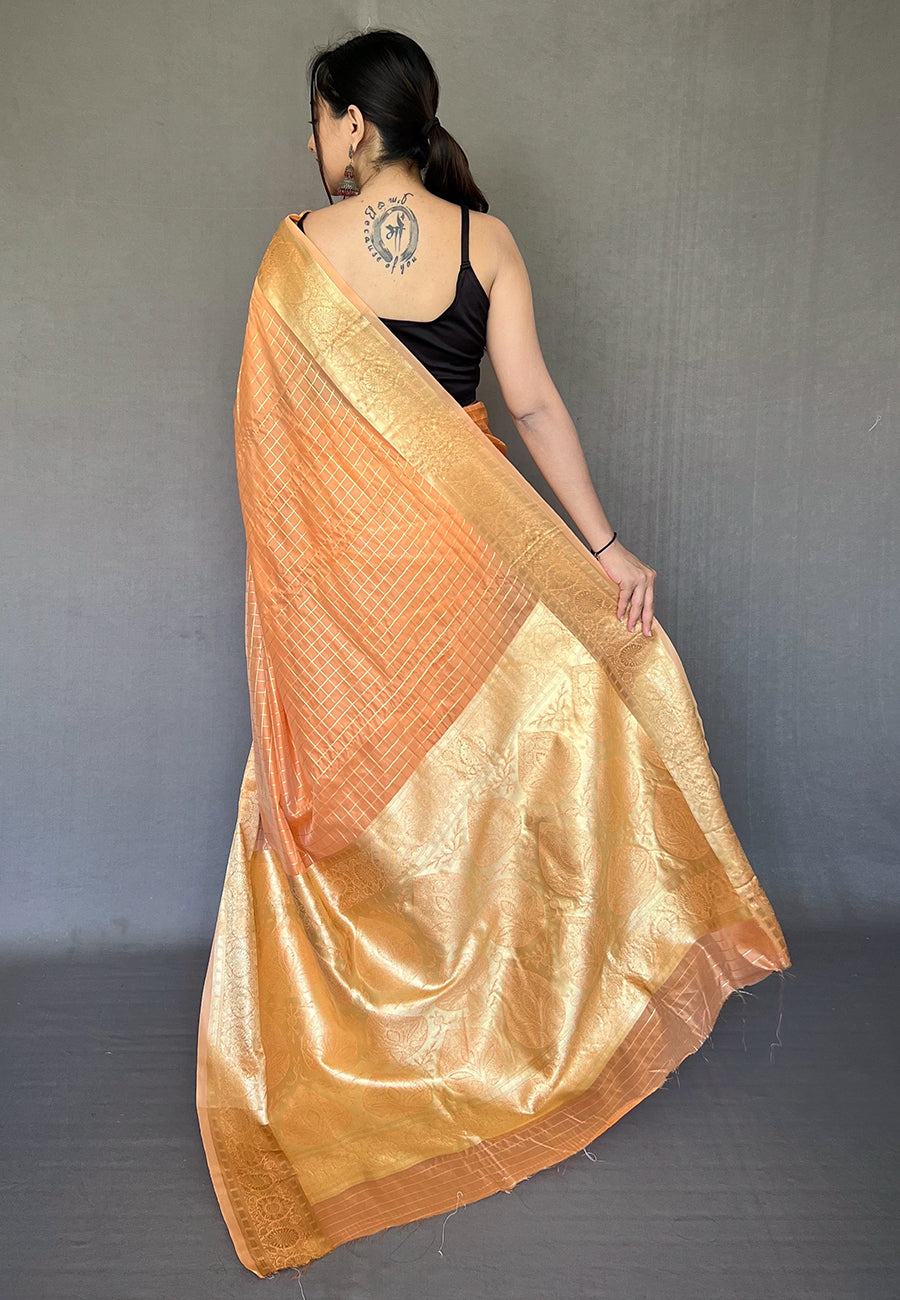 Buy MySilkLove Jaffa Orange Zari Woven Organza Checks Saree Online