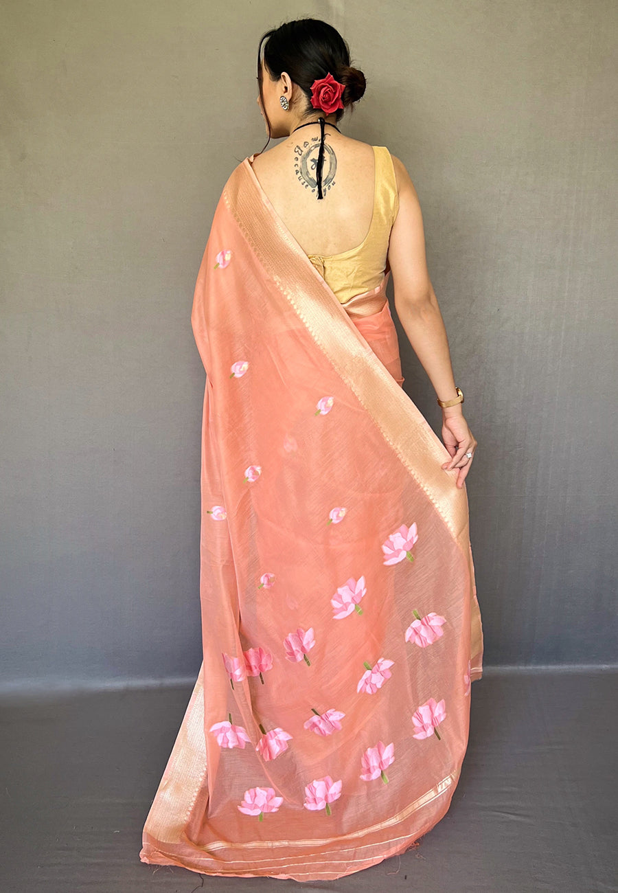 Buy MySilkLove Flesh Peach Cotton Lotus Woven Silk Saree Online