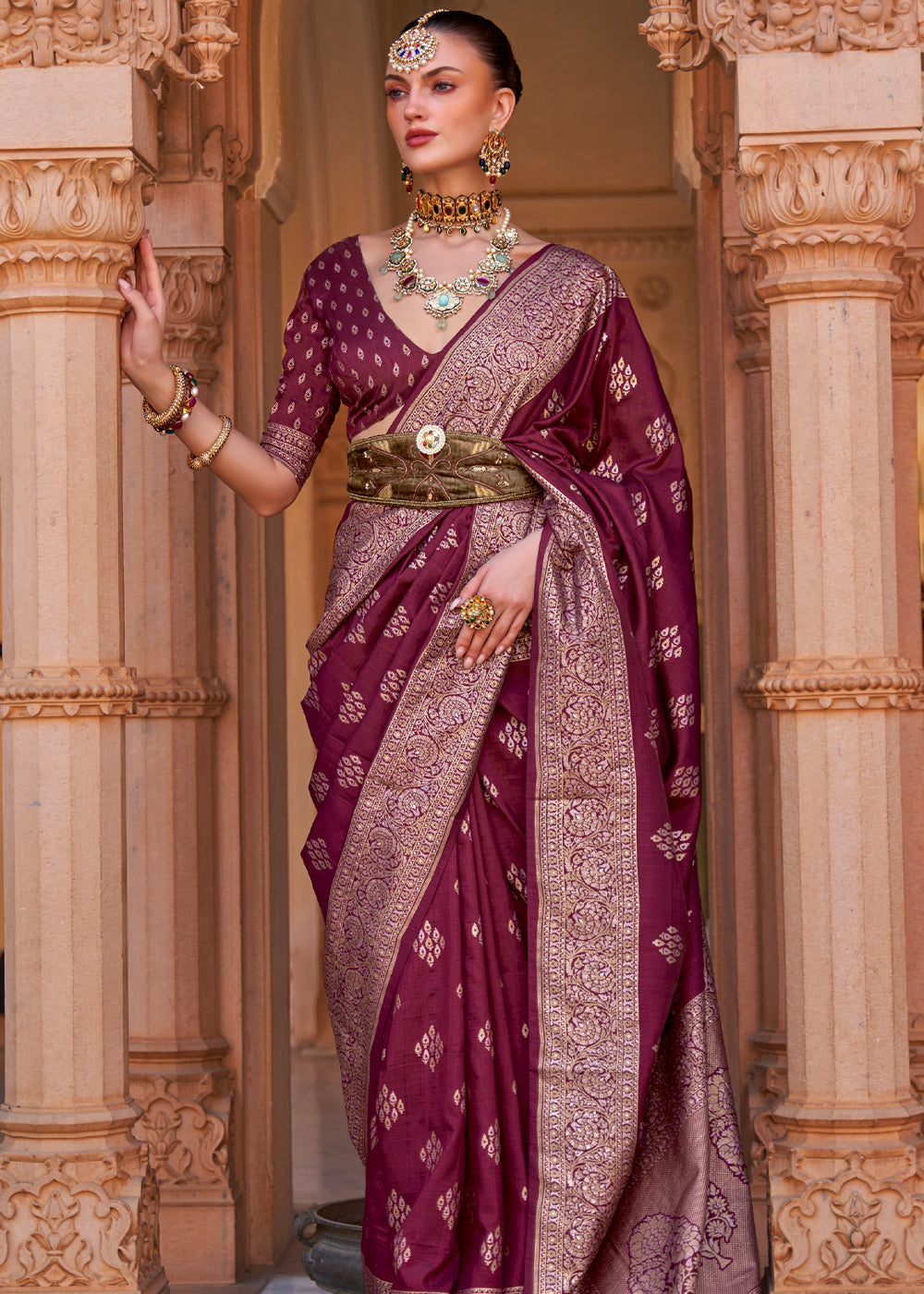 Buy MySilkLove Camelot Brown Woven Banarasi Soft Silk Saree Online