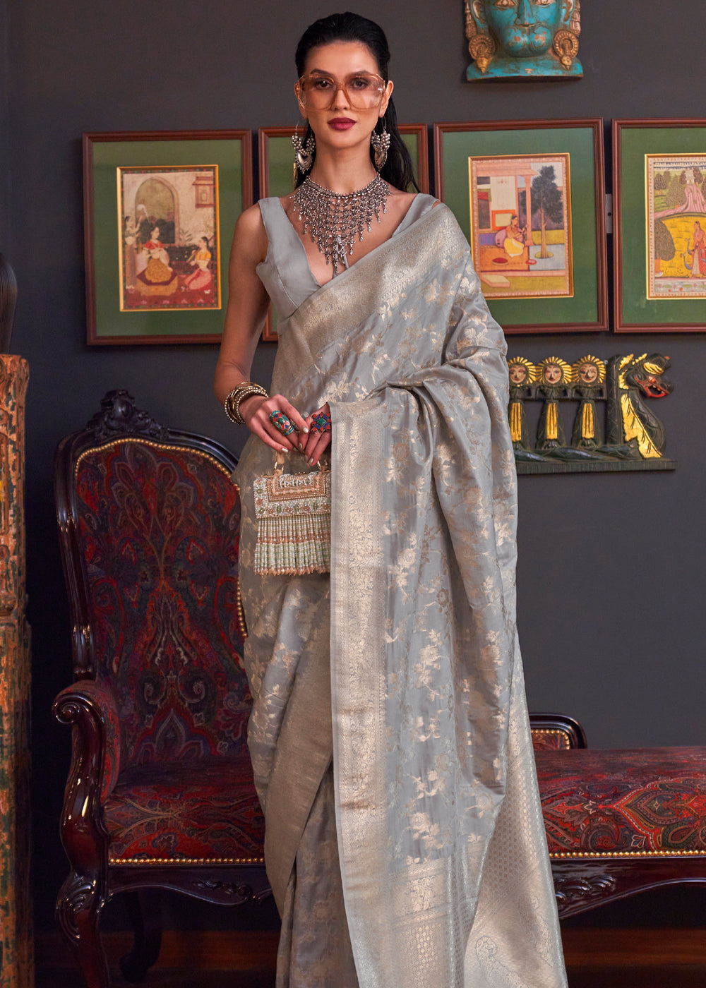 Buy MySilkLove Quick Silver Grey Banarasi Katan Silk Saree Online