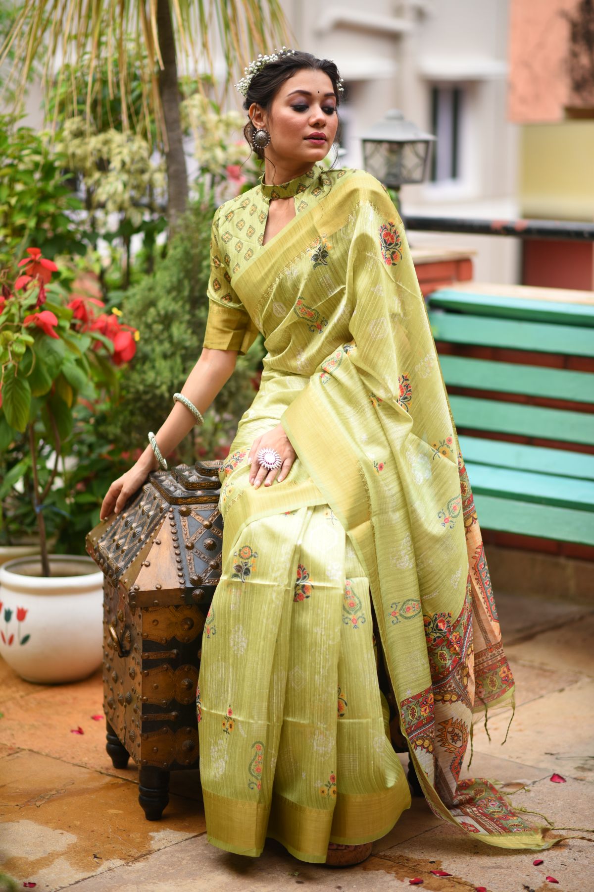 Buy MySilkLove Husk Green Printed South Silk Saree Online