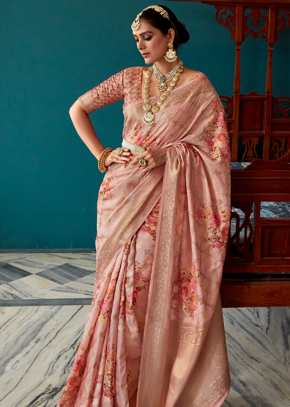 Buy MySilkLove My Pink Woven Banarasi Floral Printed Silk Saree Online