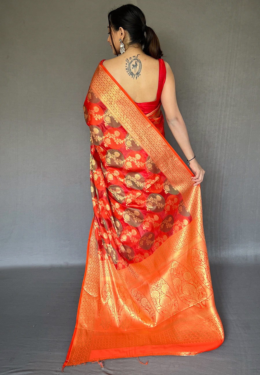 Buy MySilkLove Coral Orange Organza Multicolor Contrast Zari Woven Saree Online