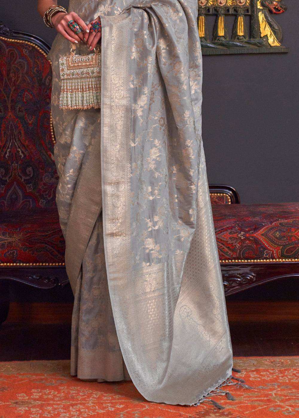 Buy MySilkLove Quick Silver Grey Banarasi Katan Silk Saree Online