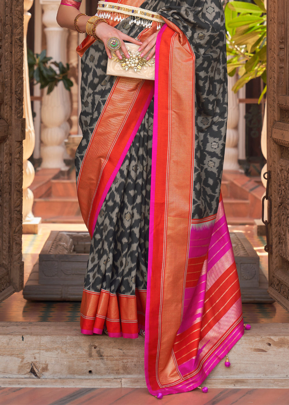 Buy MySilkLove Merlin Black and Pink Woven Patola Silk Saree Online