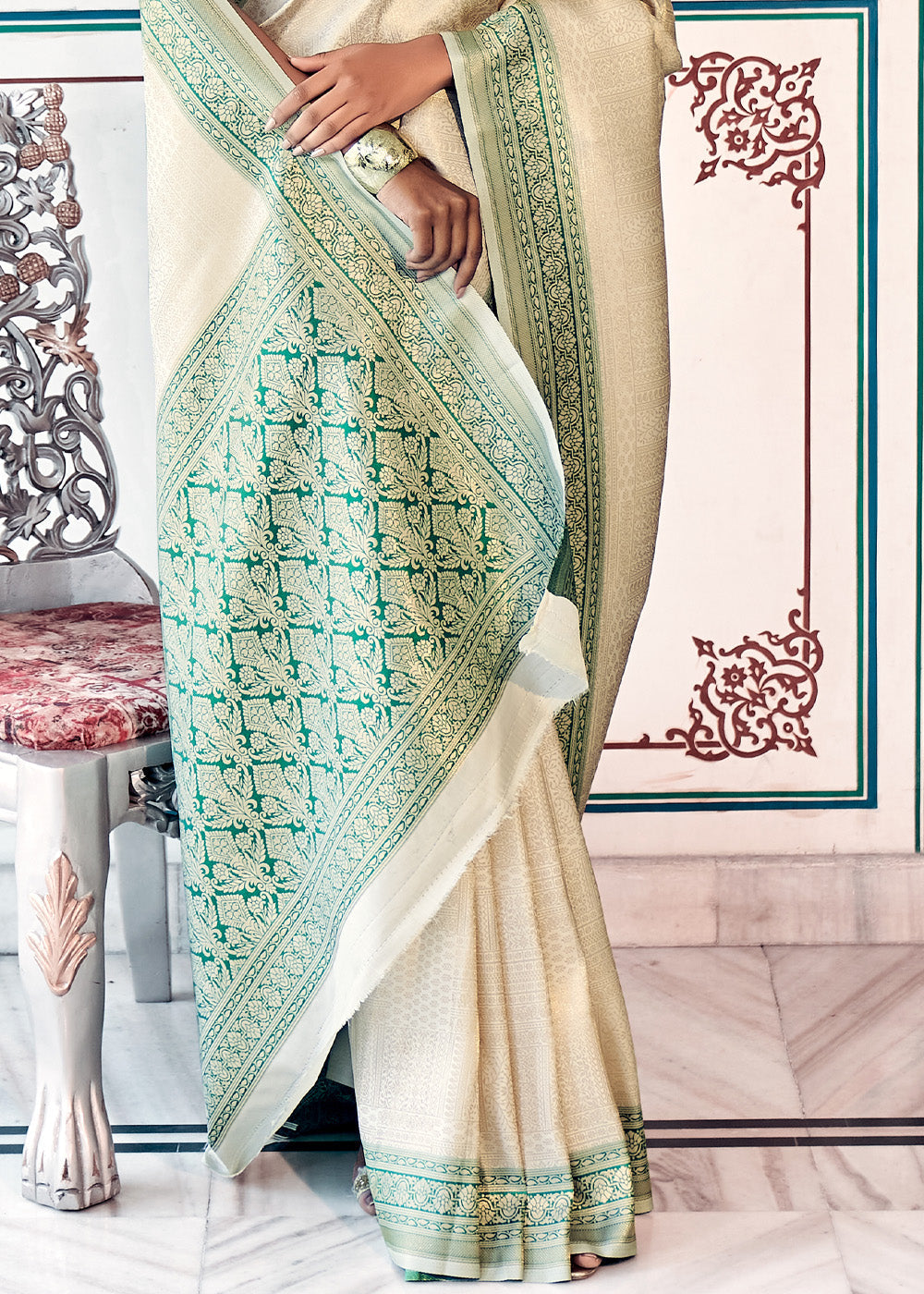 Buy MySilkLove Wheat White and Green Woven Kanjivaram Silk Saree Online