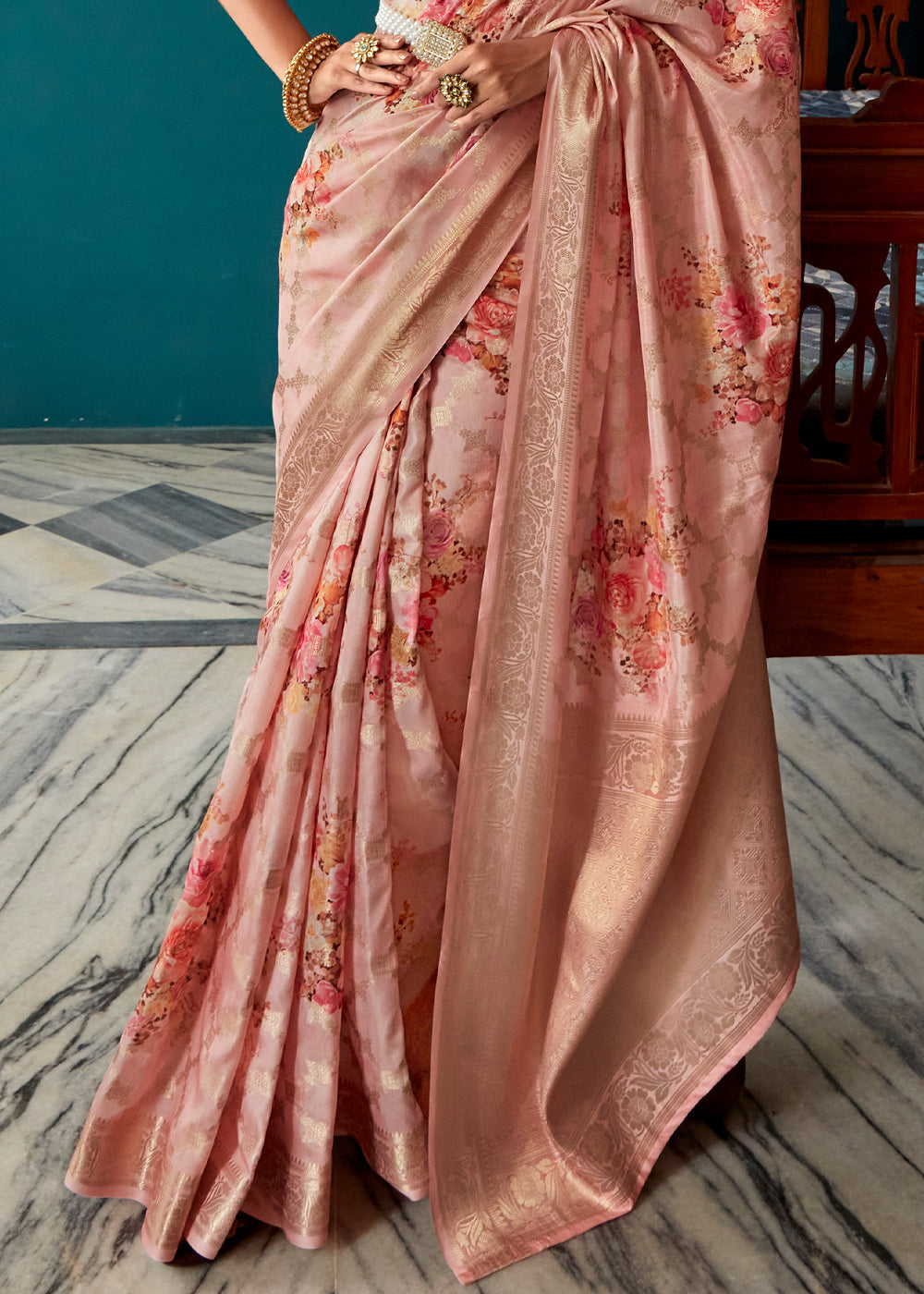 Buy MySilkLove My Pink Woven Banarasi Floral Printed Silk Saree Online