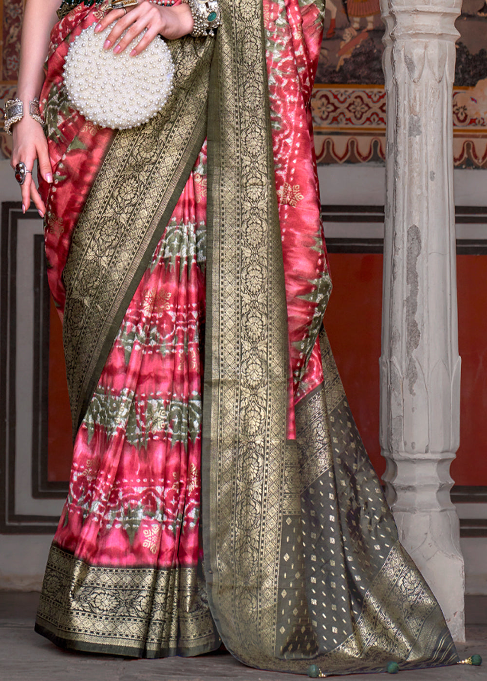 Buy MySilkLove Mandy Pink and Green Printed Patola Soft Silk Saree Online