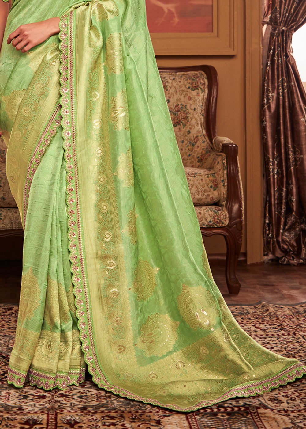 Buy MySilkLove Citrus Green Woven Banarasi Designer Silk Saree With Embroidered Blouse Online