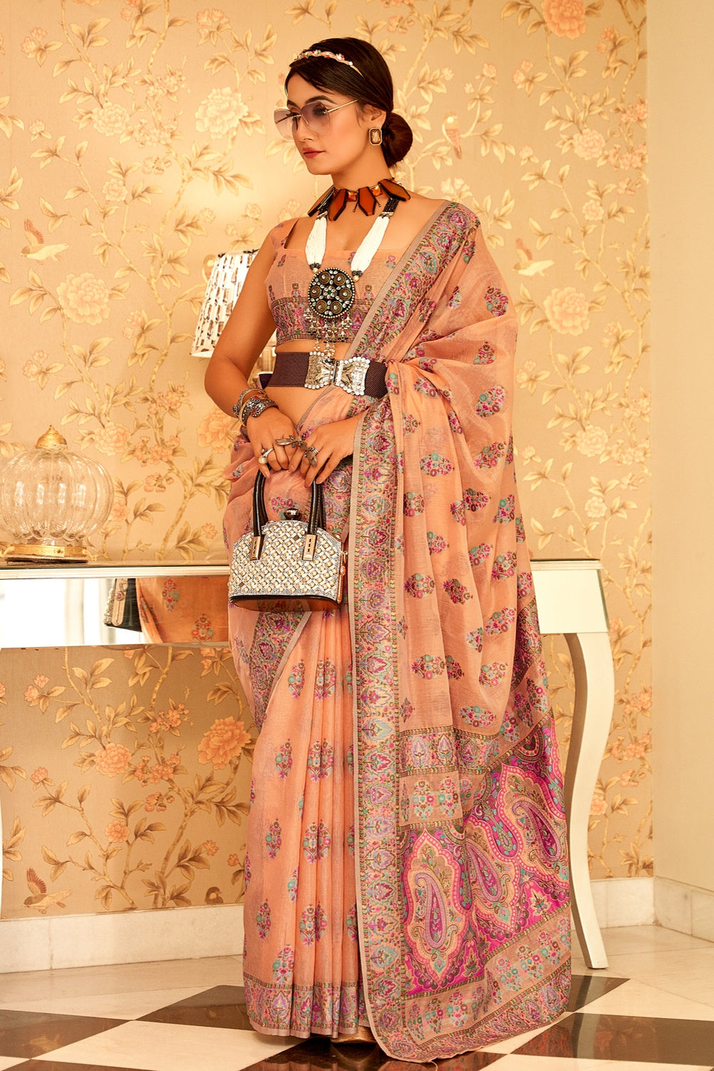 Buy MySilkLove Peach Orange Woven Pashmina Silk Saree Online