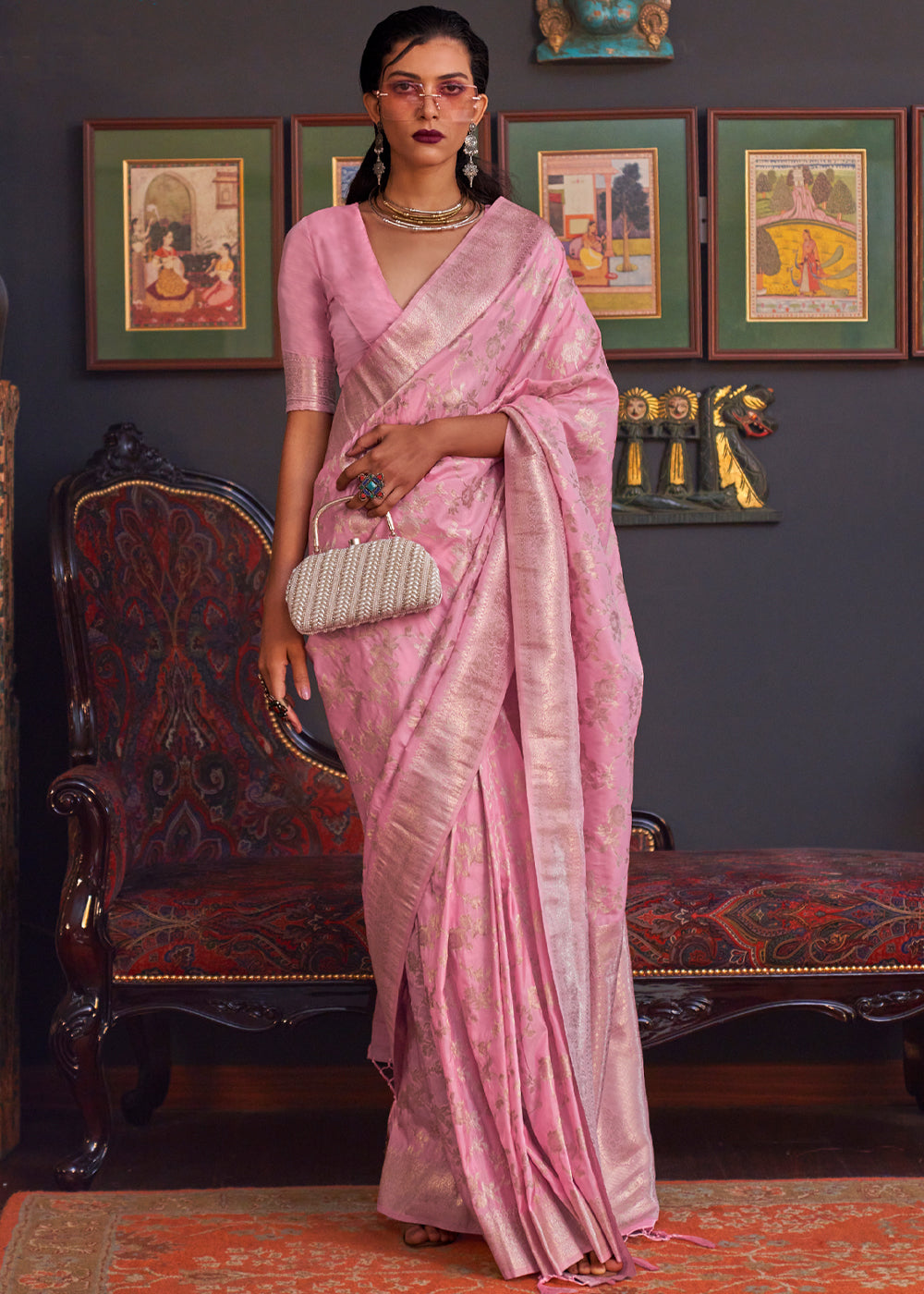 Buy MySilkLove Rose Fog Pink Banarasi Katan Silk Saree Online