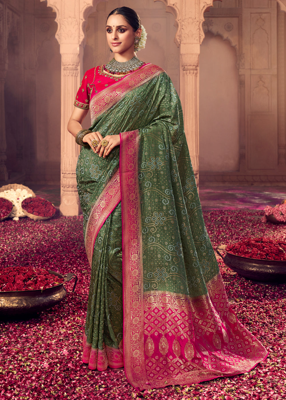 Buy MySilkLove Siam Green and Pink Zari Woven Designer Banarasi Saree Online