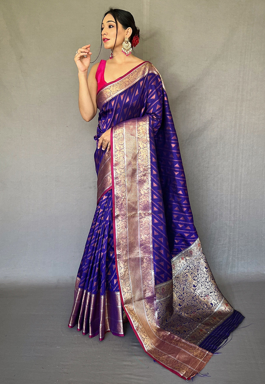 Buy MySilkLove Meteorite Blue Banarasi Silk Leheriya Copper Zari Woven Saree Online