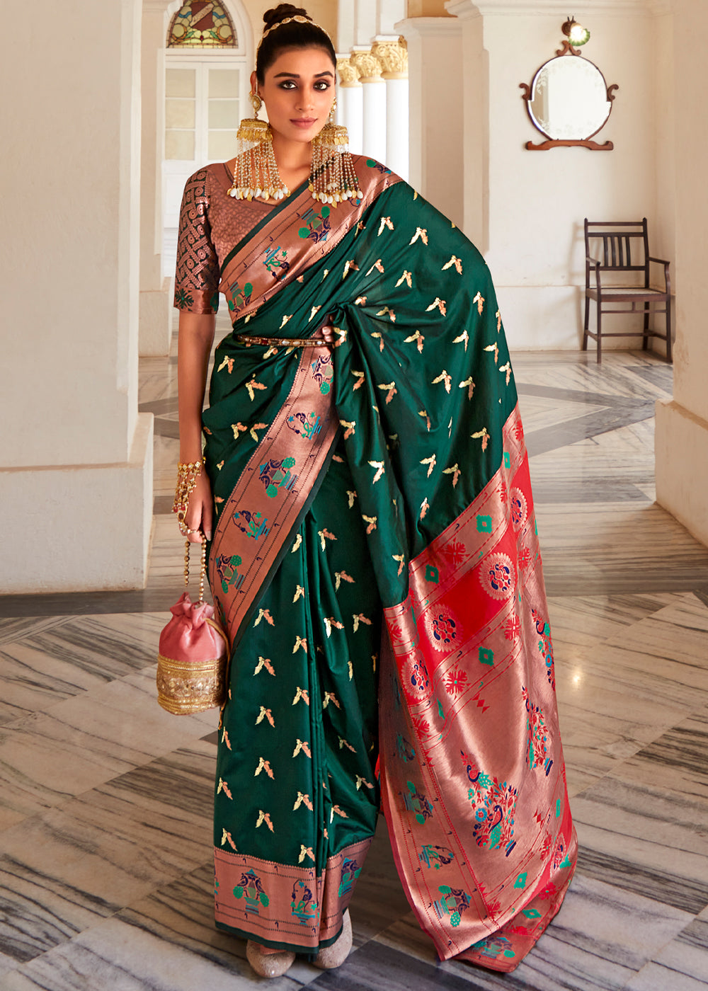 Buy MySilkLove Palm Green and Pink Zari Woven Paithani Silk Saree Online