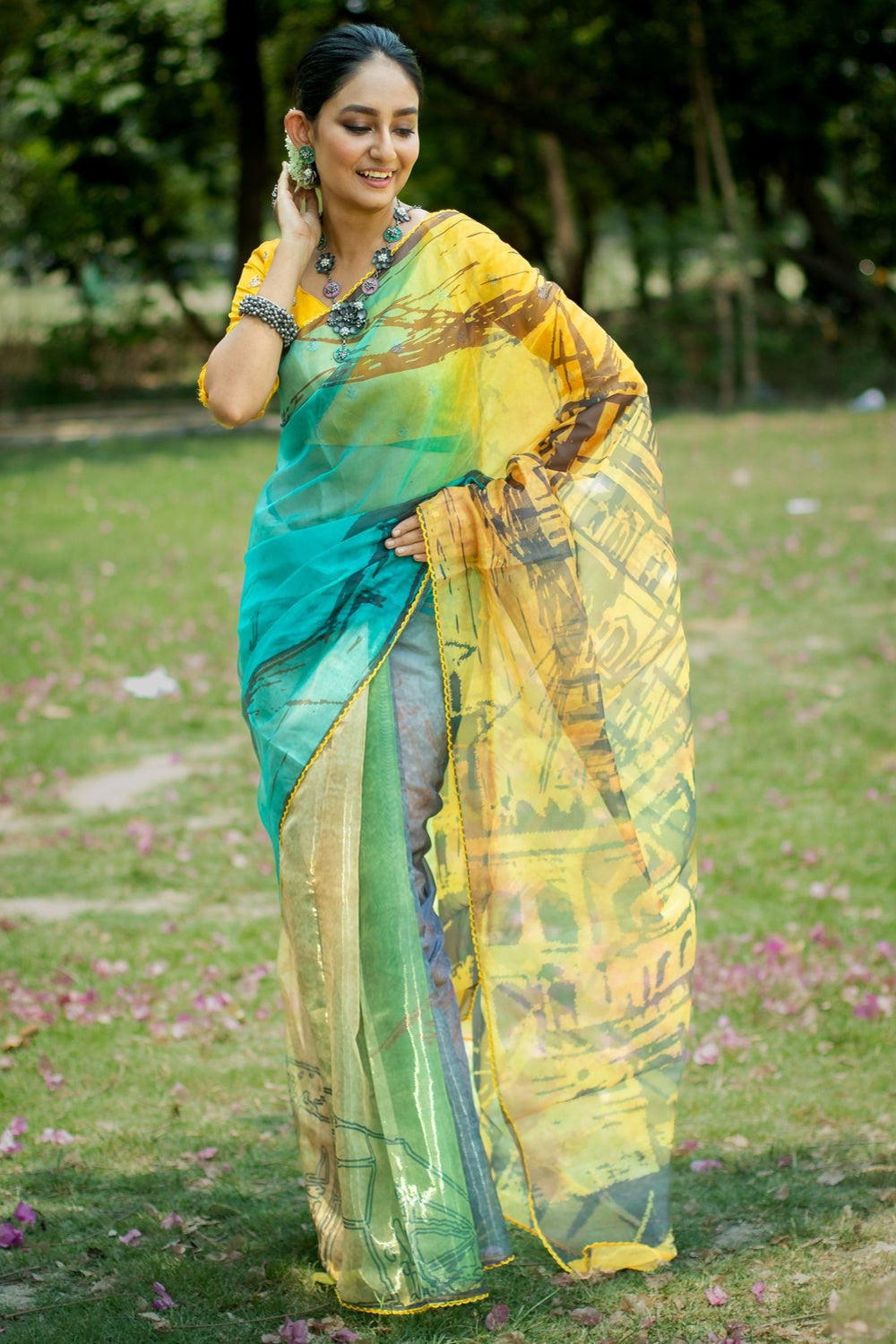 Buy MySilkLove Primrose Yellow and Blue Floral Design Organza Printed Saree Online