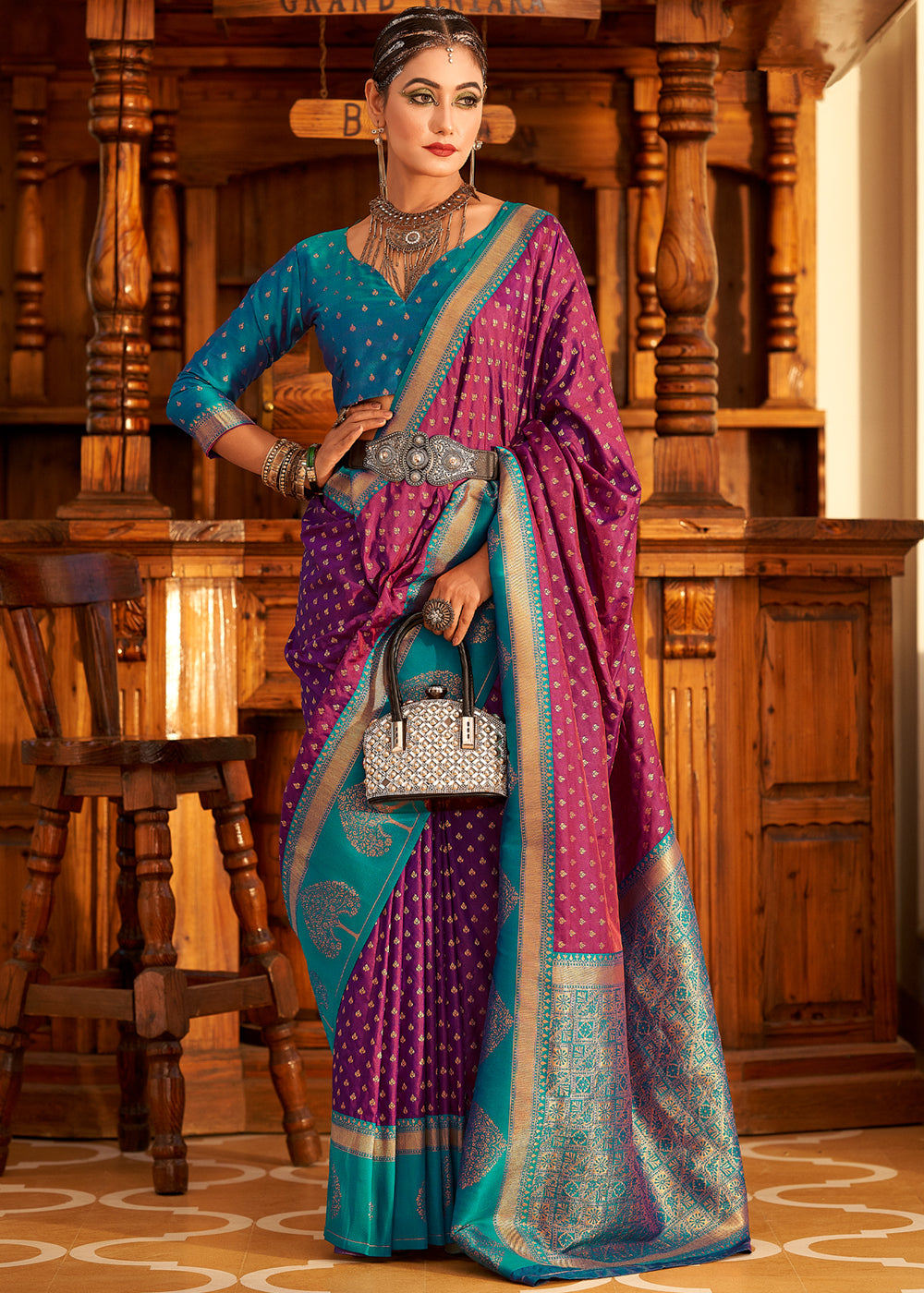 Buy MySilkLove Mystic Pearl Purple and Blue Woven Banarasi Soft Silk Saree Online