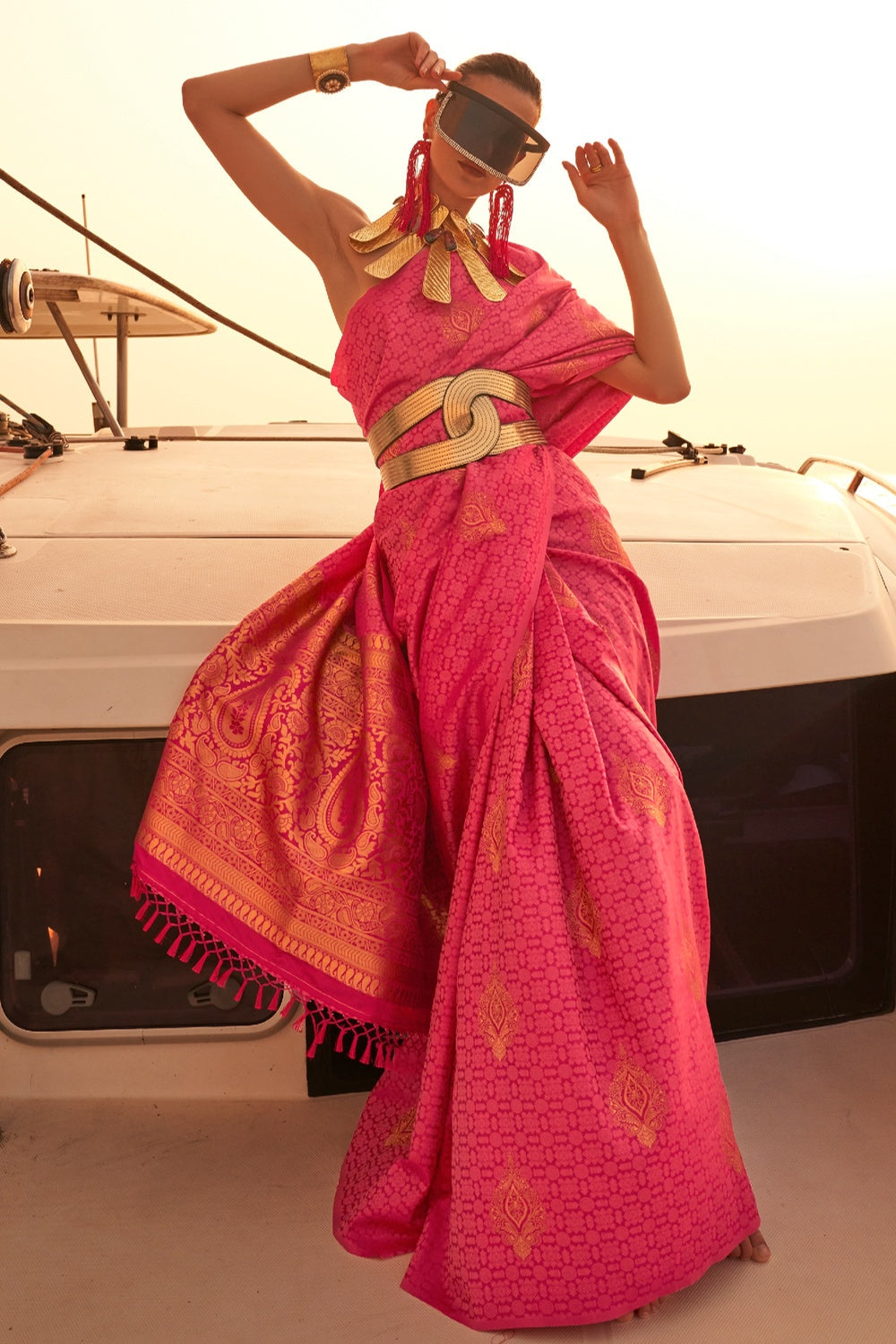 Buy MySilkLove Rani Pink Woven Satin Handloom Silk Saree Online
