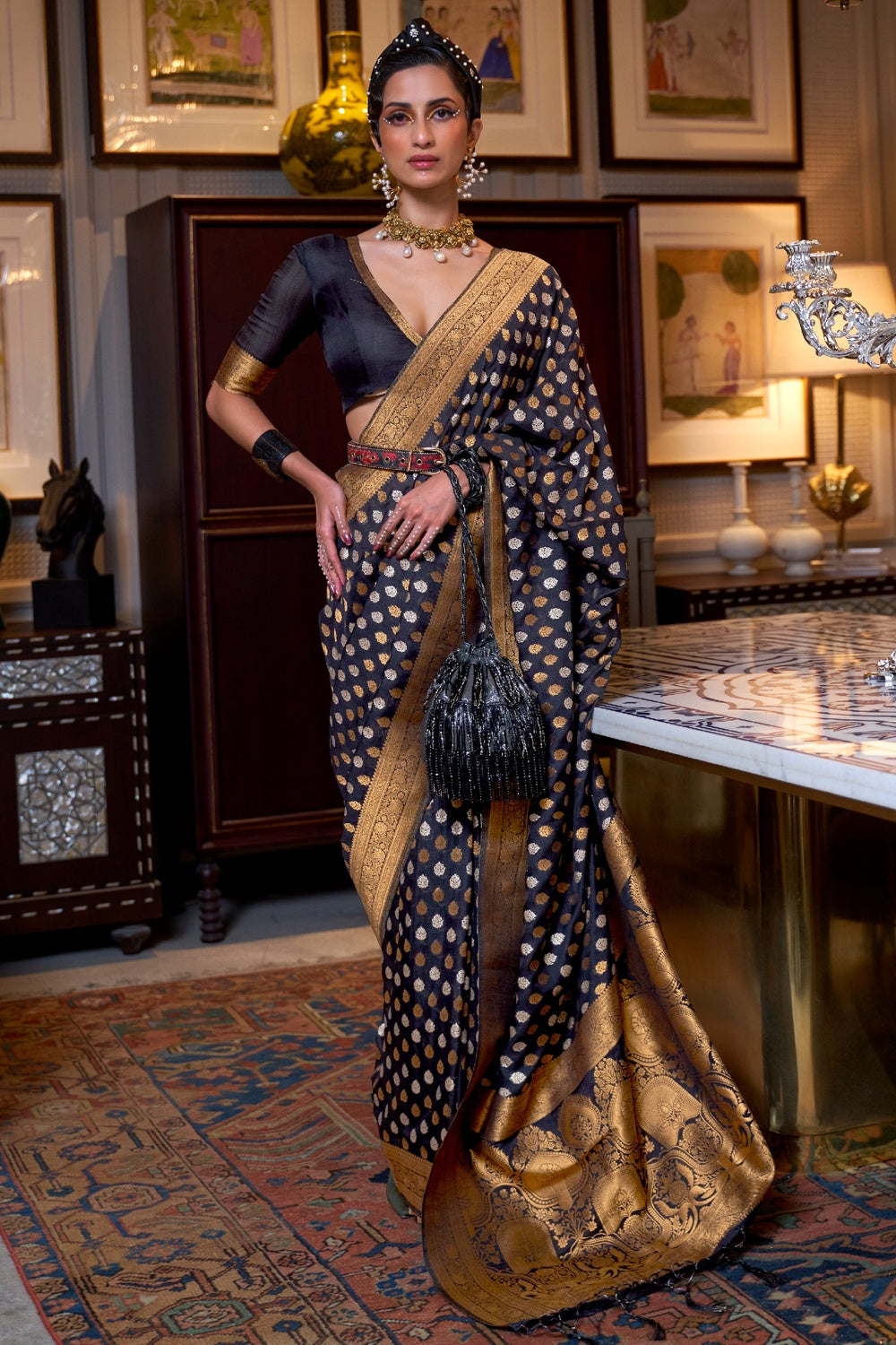 Buy MySilkLove Taupe Black Copper Zari Pure  Banarasi Saree Online