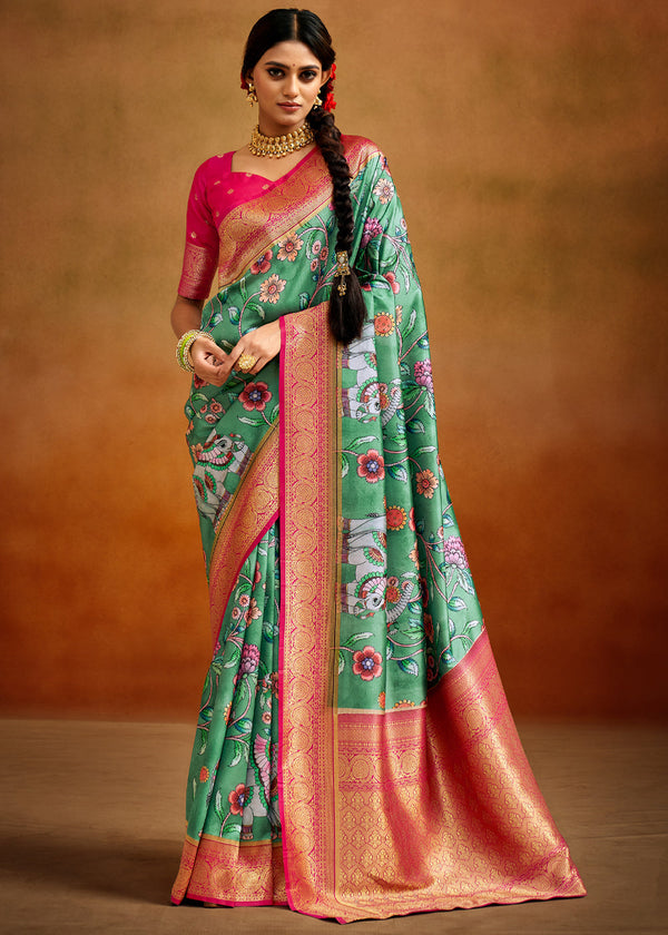 Laurel Green and Pink Woven Banarasi Kalamkari Silk Saree