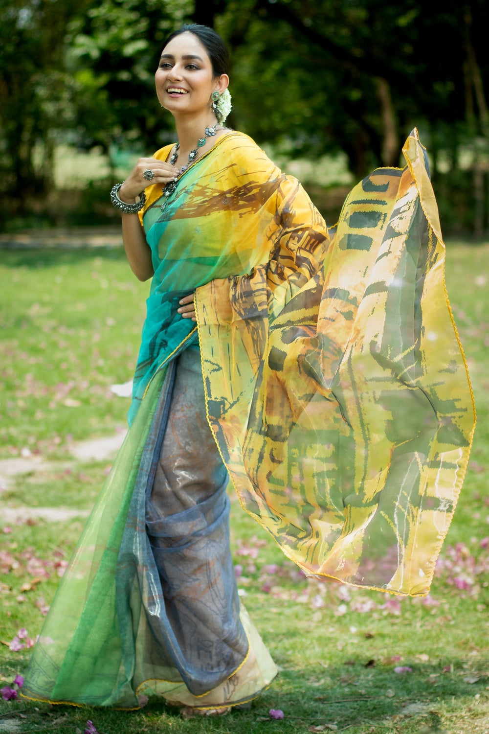 Buy MySilkLove Primrose Yellow and Blue Floral Design Organza Printed Saree Online