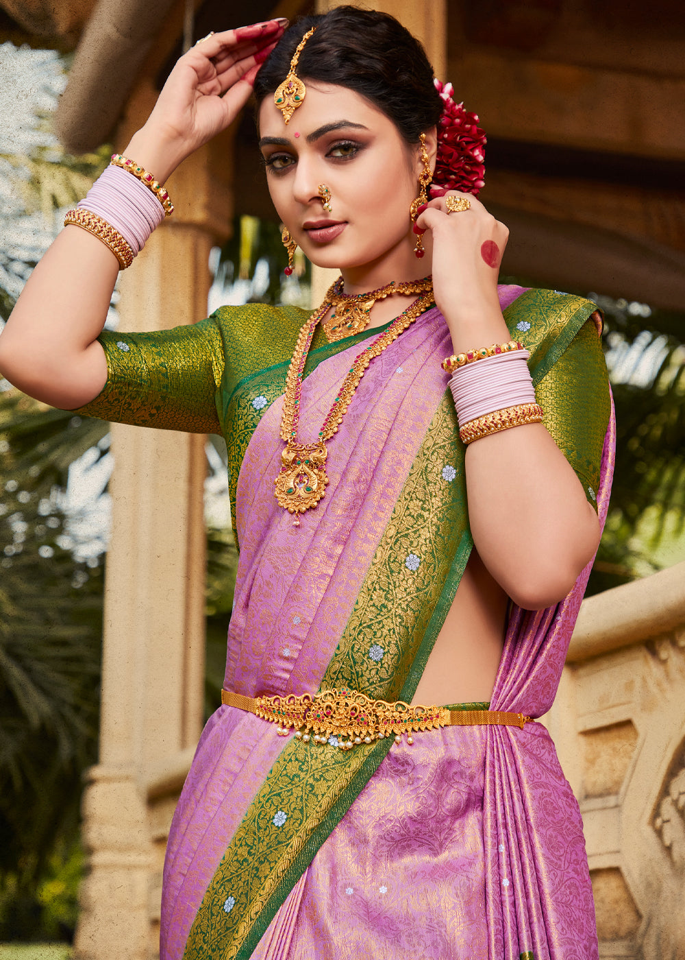 Buy MySilkLove Lotus Pink and Green Woven Kanjivaram Silk Saree Online