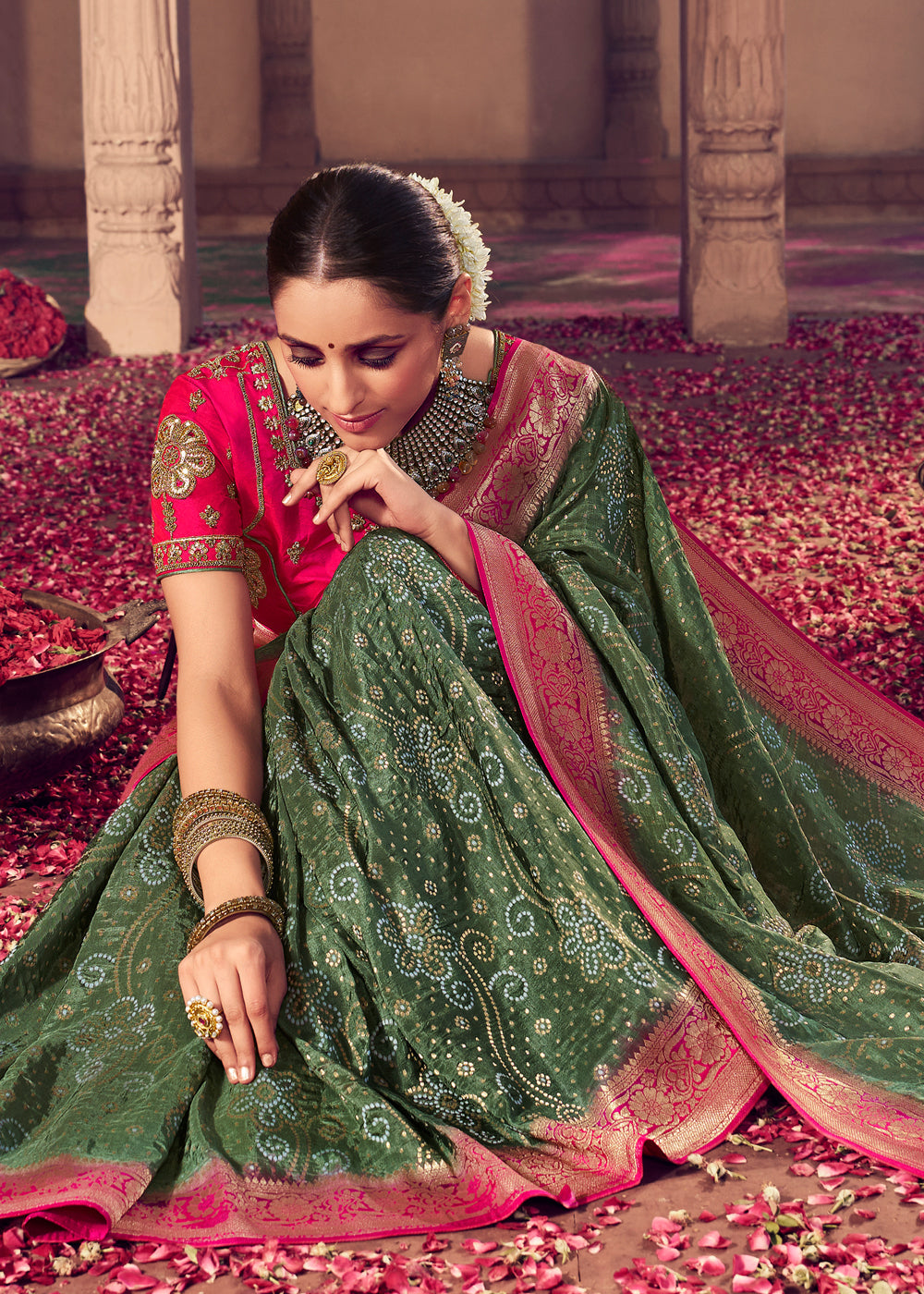 Buy MySilkLove Siam Green and Pink Zari Woven Designer Banarasi Saree Online