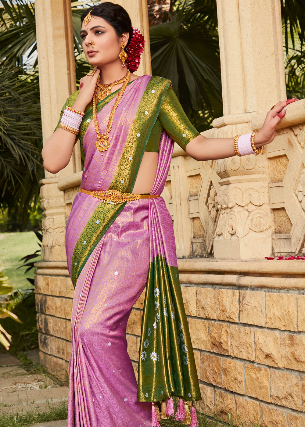 Buy MySilkLove Lotus Pink and Green Woven Kanjivaram Silk Saree Online