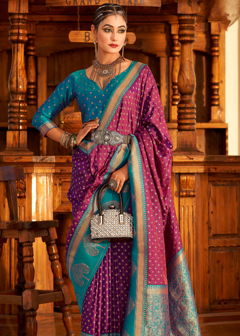 Buy MySilkLove Mystic Pearl Purple and Blue Woven Banarasi Soft Silk Saree Online