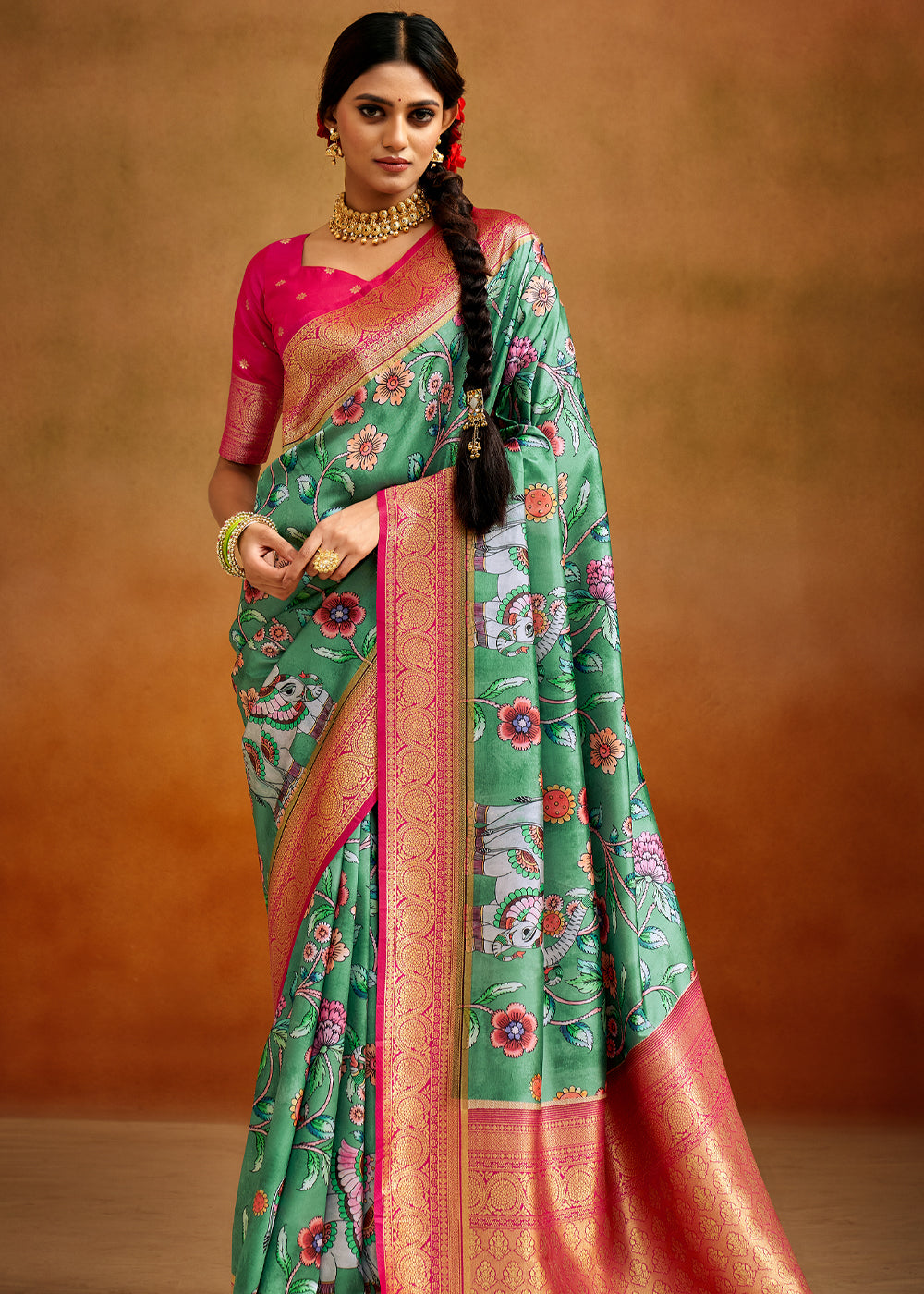 Buy MySilkLove Laurel Green and Pink Woven Banarasi Kalamkari Silk Saree Online